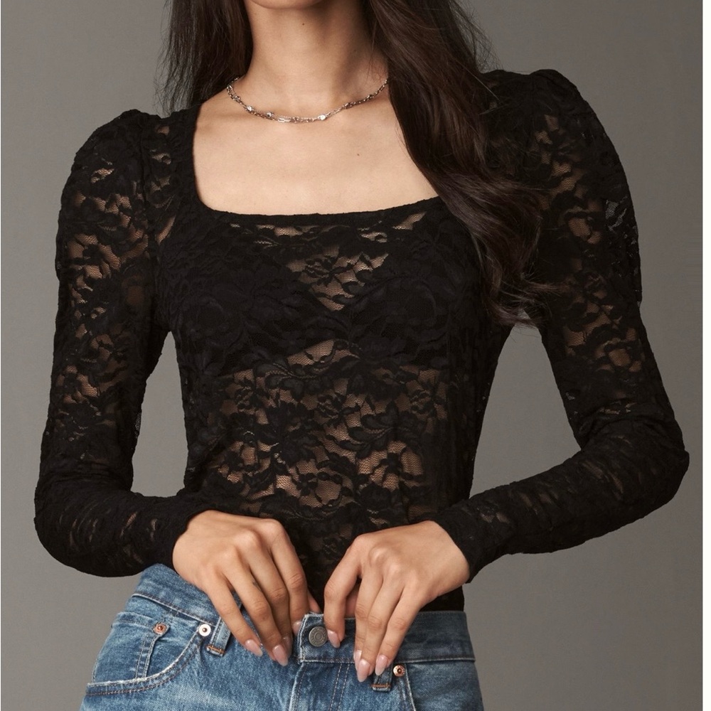 Anthropologie Puff-Sleeve Sheer Black Onyx Lace Top Whimsigoth Fairy Grung Sz S - Picture 1 of 14